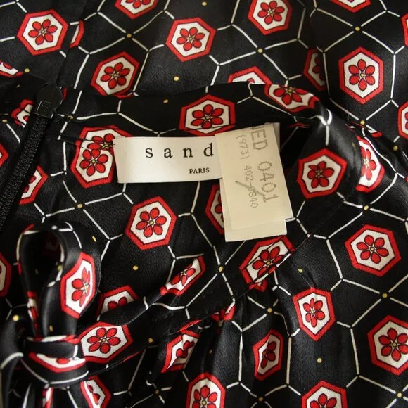 Sandro Paris Black Satin Red Floral Tie Neckline Lace Trim Mini Shift Dress 2 - Picture 5 of 6